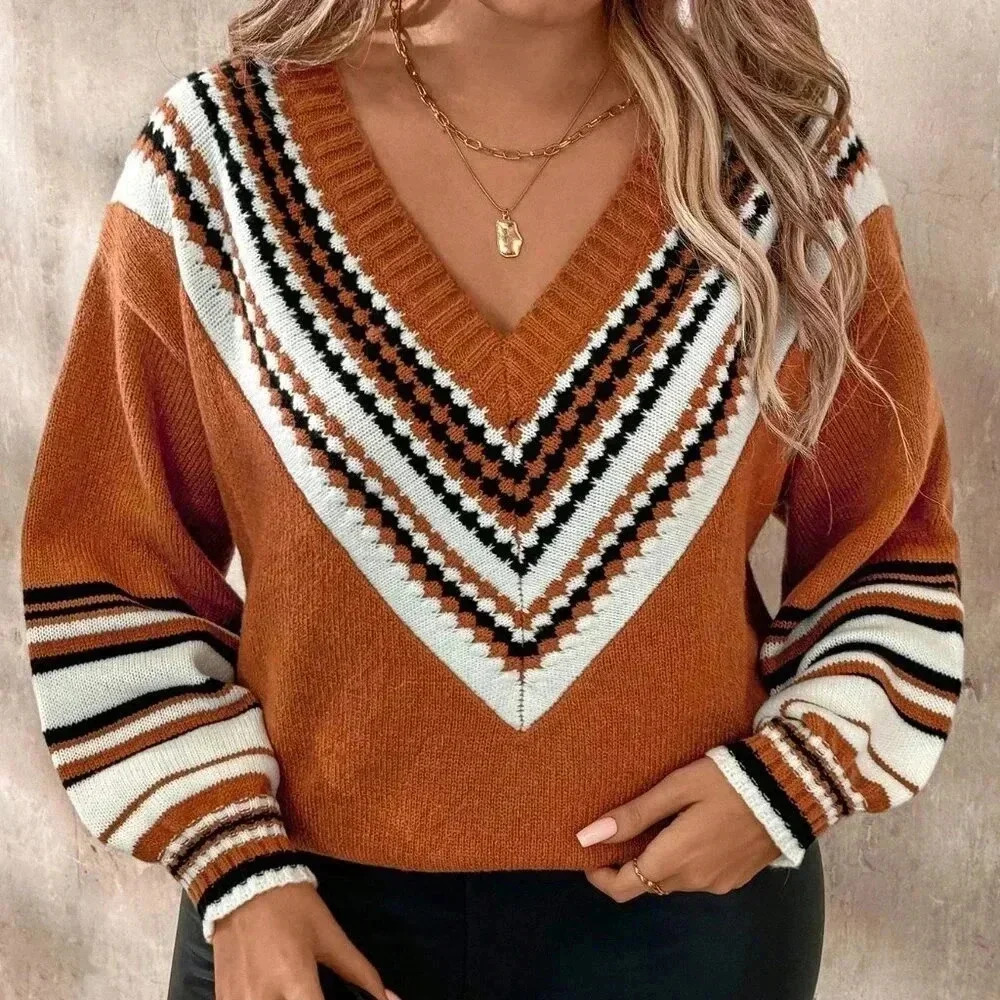 Orange Casual Women's Plus Size Knitted Loose Colorblock V-Neck Pullover Sweater - Picture 3 of 8